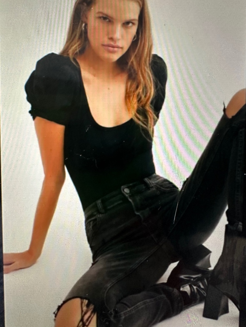 Free People Ava puff sleeve black bodysuit